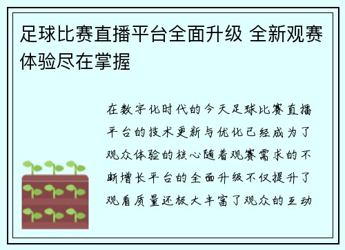 足球比赛直播平台全面升级 全新观赛体验尽在掌握